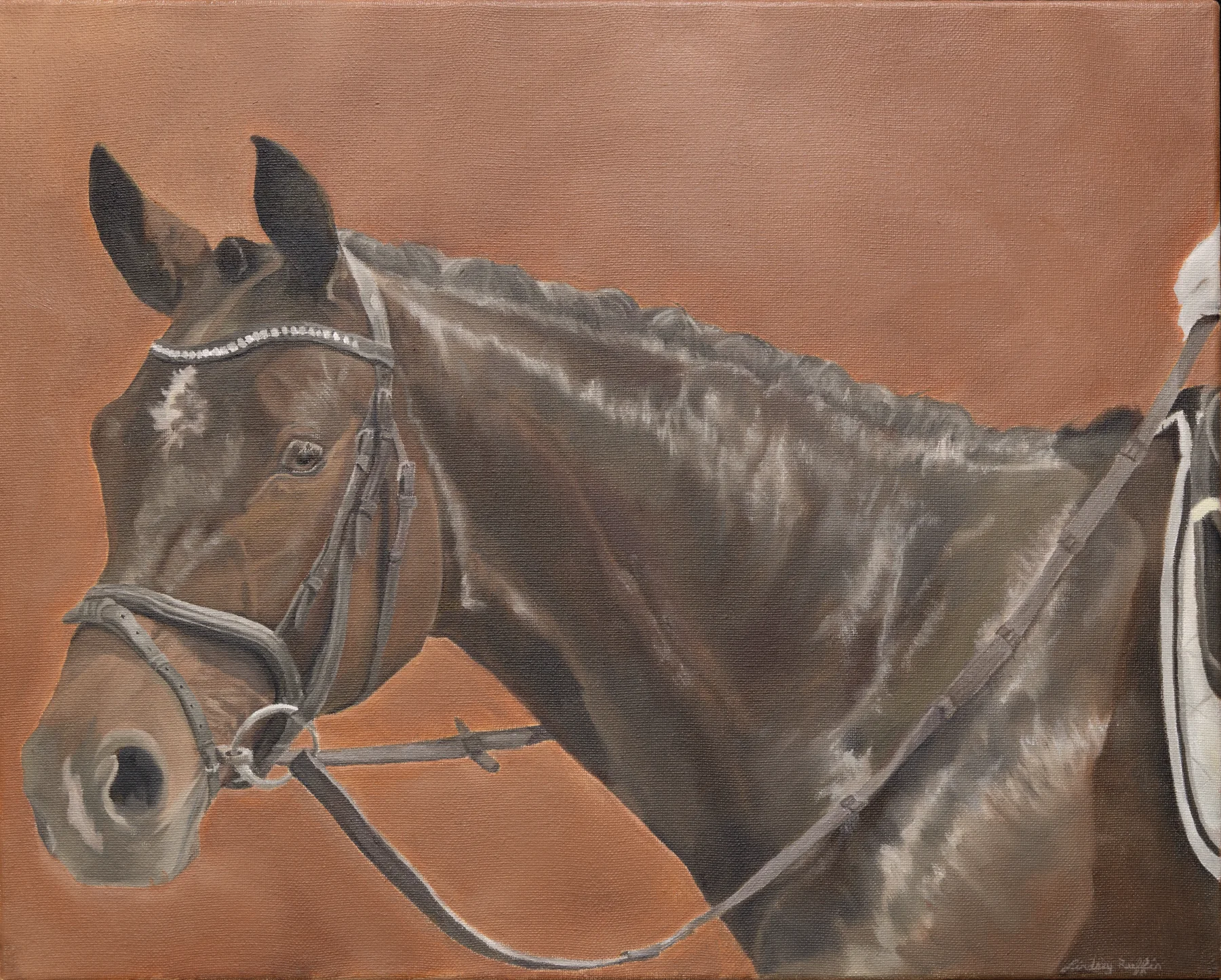 A close study of a dark horse painted against a warm rust ground